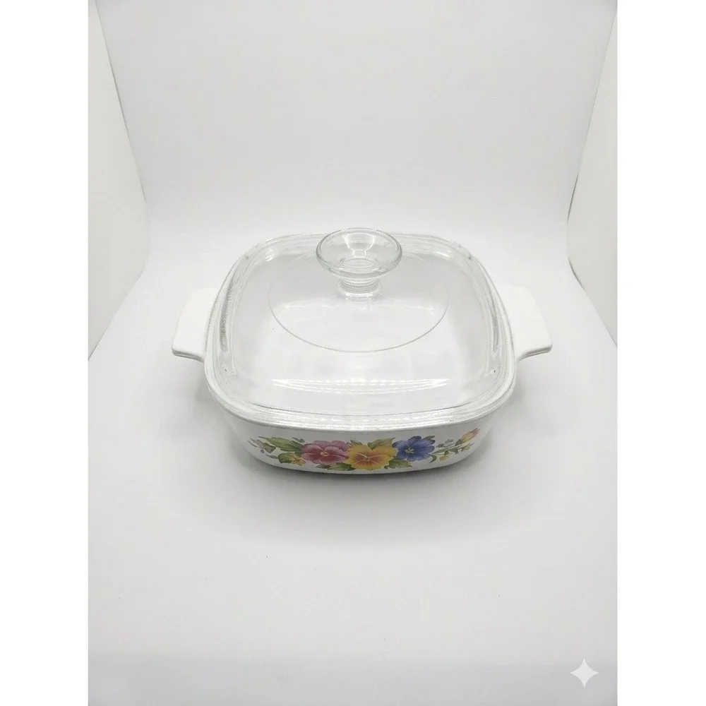CorningWare Summer Blush Pansy 1L Square Casserole Dish A-1-B‎ Glass Lid USA Vtg